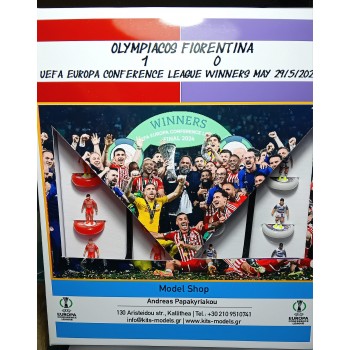 Subbuteo Andrew Table Soccer Uefa Conference League FInal 2024 Olympiacos-Fiorentina 1-0 set with FInal Molten ball and Trophy on WSB Professional bases